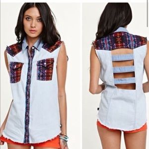 Kendall & Kylie Boho chic Denim Aztec Sleeveless vest distressed open back shirt
